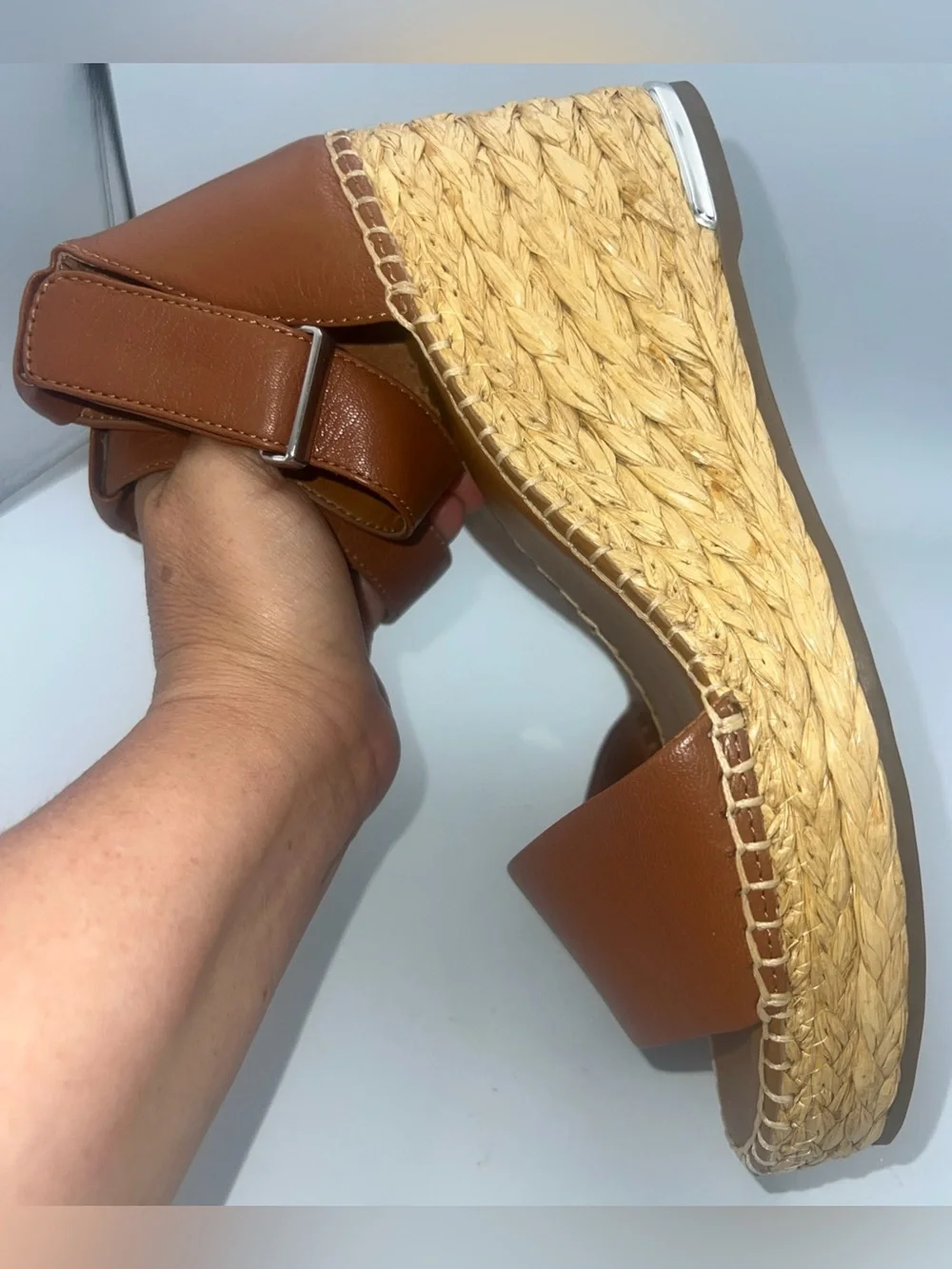 Franco Sarto Women’s Clemens Espadrille Wedge Sandal Cognac Brown Leather Size 8